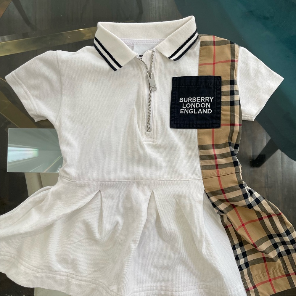 Burberry Kids White Polo Dress with Plaid Detail